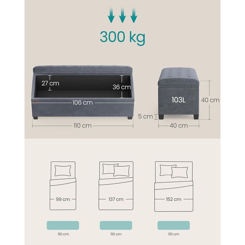 Casa si Gradina - Gradina si terasa - Mobilier exterior - Dulapuri si lazi depozitare exterior - Banca cu spatiu de depozitare 110x40x40 cm, 103 litri, tapitata cu catifea, MDF si spuma, gri - Infinity.ro