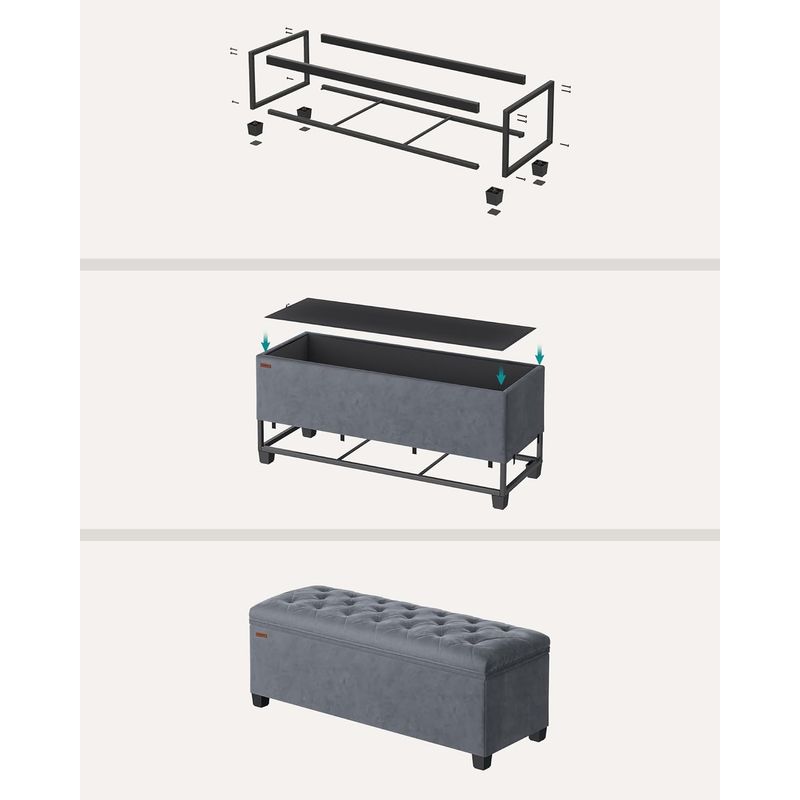 Casa si Gradina - Gradina si terasa - Mobilier exterior - Dulapuri si lazi depozitare exterior - Banca cu spatiu de depozitare 110x40x40 cm, 103 litri, tapitata cu catifea, MDF si spuma, gri - Infinity.ro
