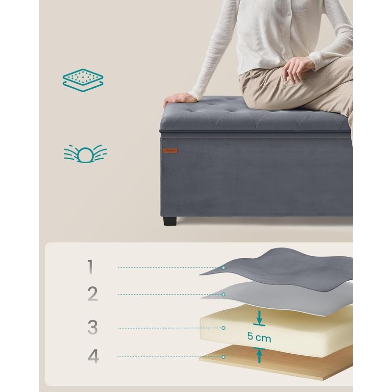 Casa si Gradina - Gradina si terasa - Mobilier exterior - Dulapuri si lazi depozitare exterior - Banca cu spatiu de depozitare 110x40x40 cm, 103 litri, tapitata cu catifea, MDF si spuma, gri - Infinity.ro