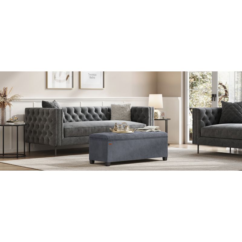 Casa si Gradina - Gradina si terasa - Mobilier exterior - Dulapuri si lazi depozitare exterior - Banca cu spatiu de depozitare 110x40x40 cm, 103 litri, tapitata cu catifea, MDF si spuma, gri - Infinity.ro