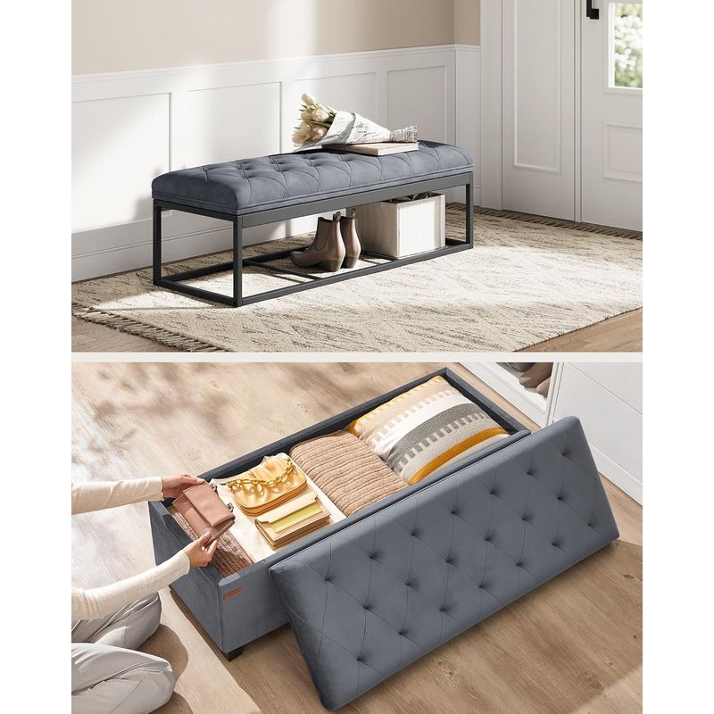 Casa si Gradina - Gradina si terasa - Mobilier exterior - Dulapuri si lazi depozitare exterior - Banca cu spatiu de depozitare 110x40x40 cm, 103 litri, tapitata cu catifea, MDF si spuma, gri - Infinity.ro