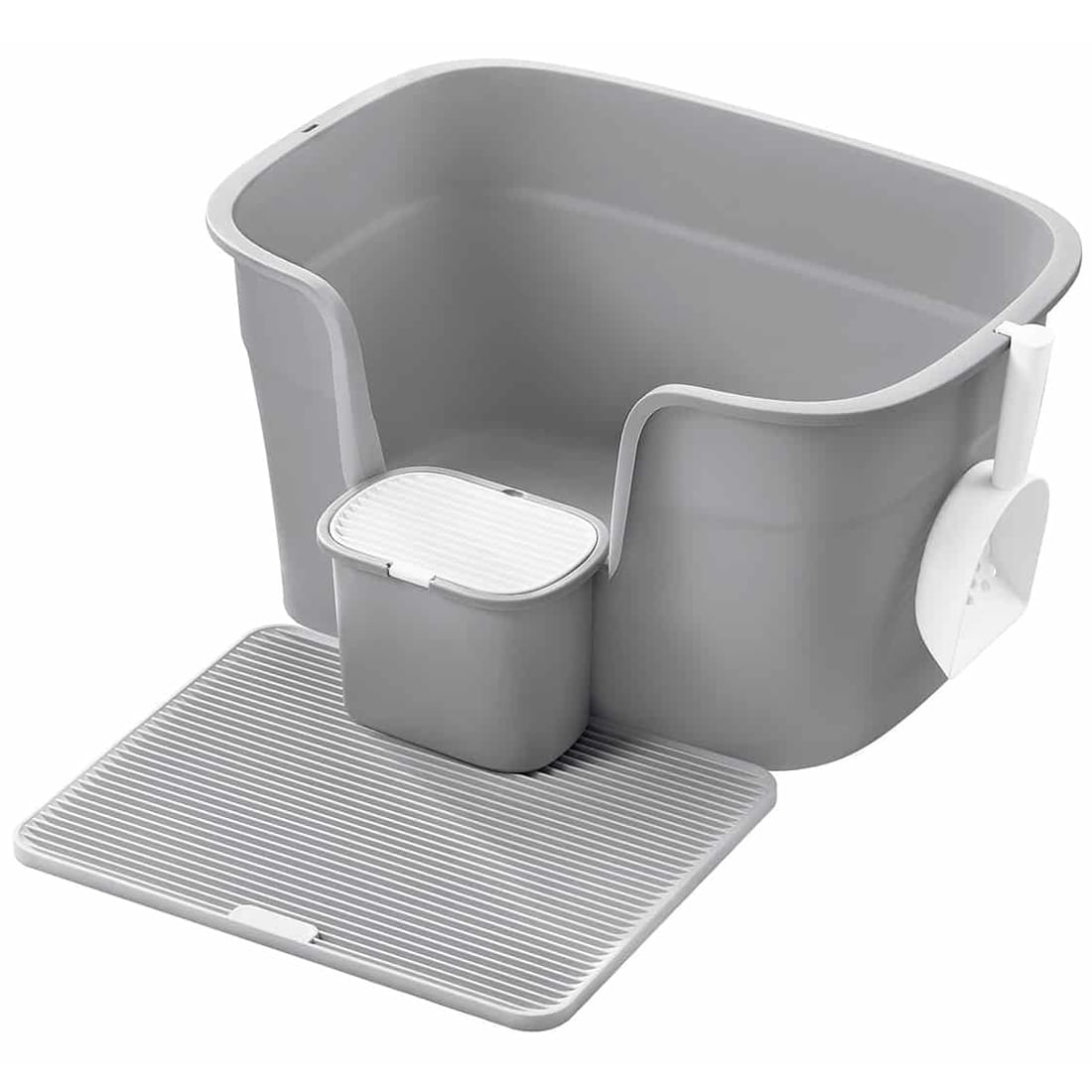 Litiera pisici xl pereti inalti colector nisip depozitare, 64x44x33 cm, design deschis, gri