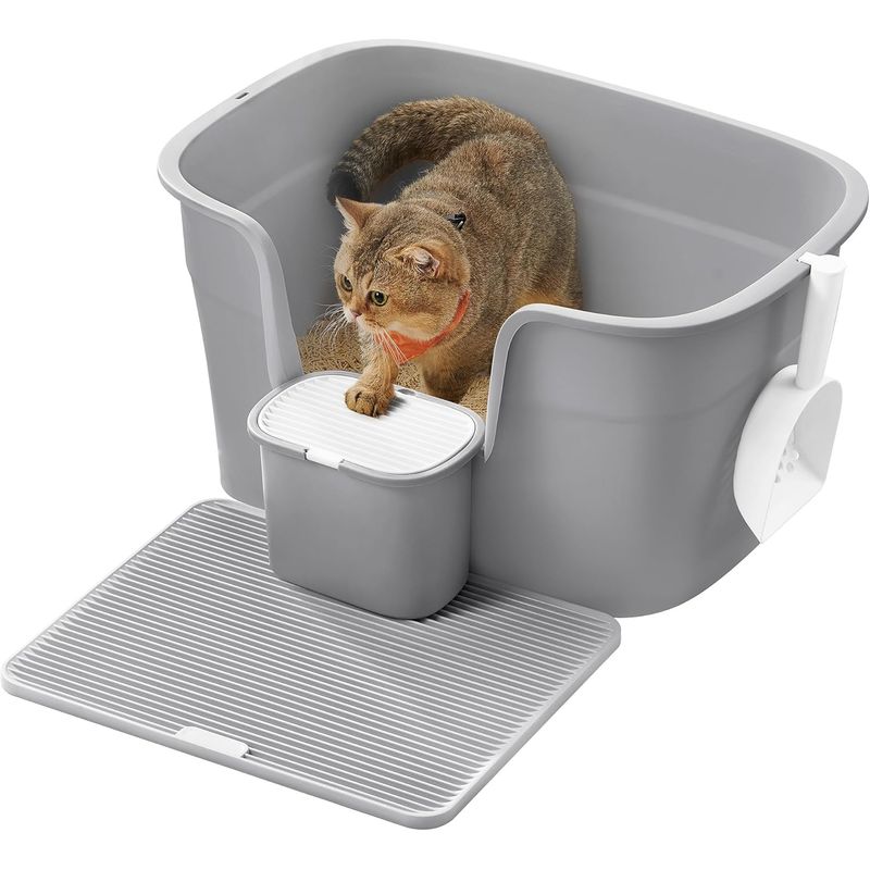 Petshop - Ingrijire si Igiena - Litiere si accesorii - Litiere simple - Litiera pisici xl pereti inalti colector nisip depozitare, 64x44x33 cm, design deschis, gri - Infinity.ro