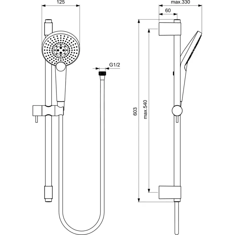 Casa si Gradina - Sanitare - Cazi si cabine de dus - Coloane si seturi de dus - Coloana de dus Ideal Standard EvoJet B1761, universal, aparent, 600 mm, para 125 mm, furtun 1.75 m, 3 functii - Infinity.ro