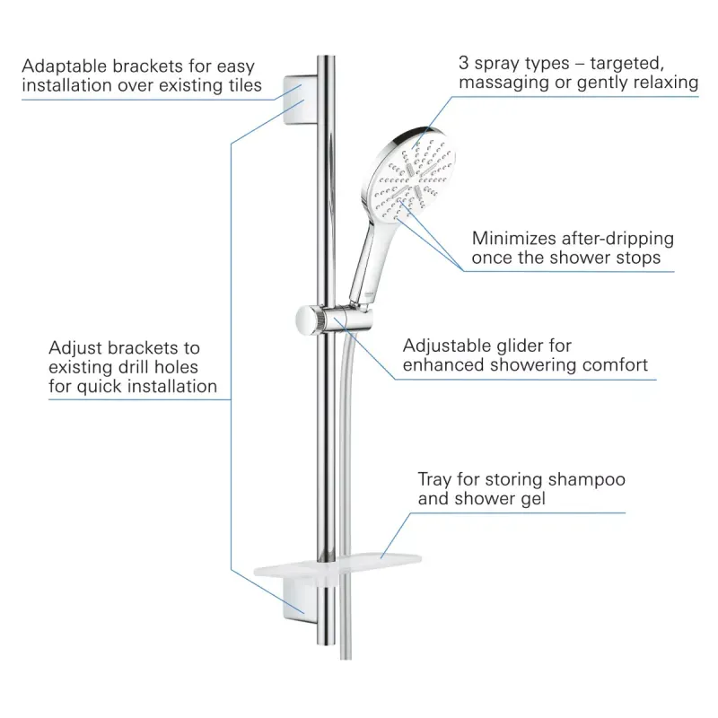 Casa si Gradina - Sanitare - Cazi si cabine de dus - Coloane si seturi de dus - Coloana de dus Grohe SmartActive 130, 600 mm, 3 funcii, etajera, crom, 26576LS0 - Infinity.ro