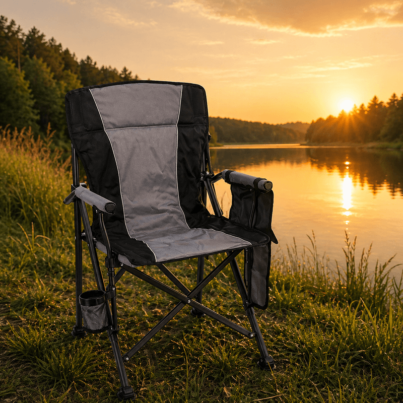 Casa si Gradina - Gradina si terasa - Mobilier exterior - Seturi mobila gradina - Scaun turistic pliabil cu incalzire, suport pahar, buzunar powerbank, maxim 120 kg, 58x58x90 cm, negru - Infinity.ro