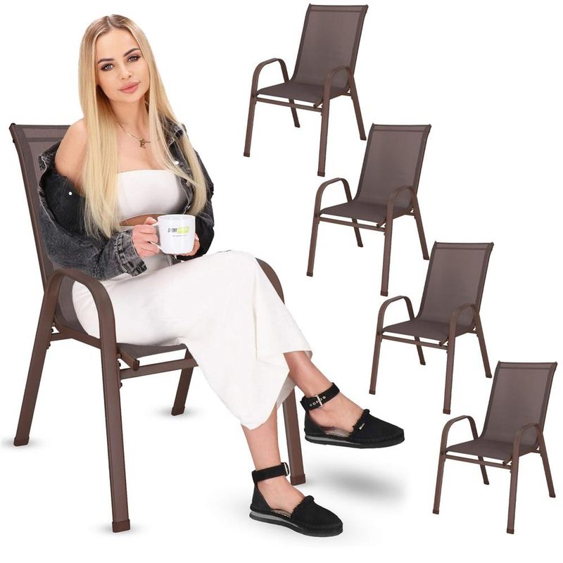 Casa si Gradina - Gradina si terasa - Mobilier exterior - Seturi mobila gradina - Set 4 scaune gradina cu brate, cadru otel si sezut textilene, 53x72x92 cm, maro - Infinity.ro