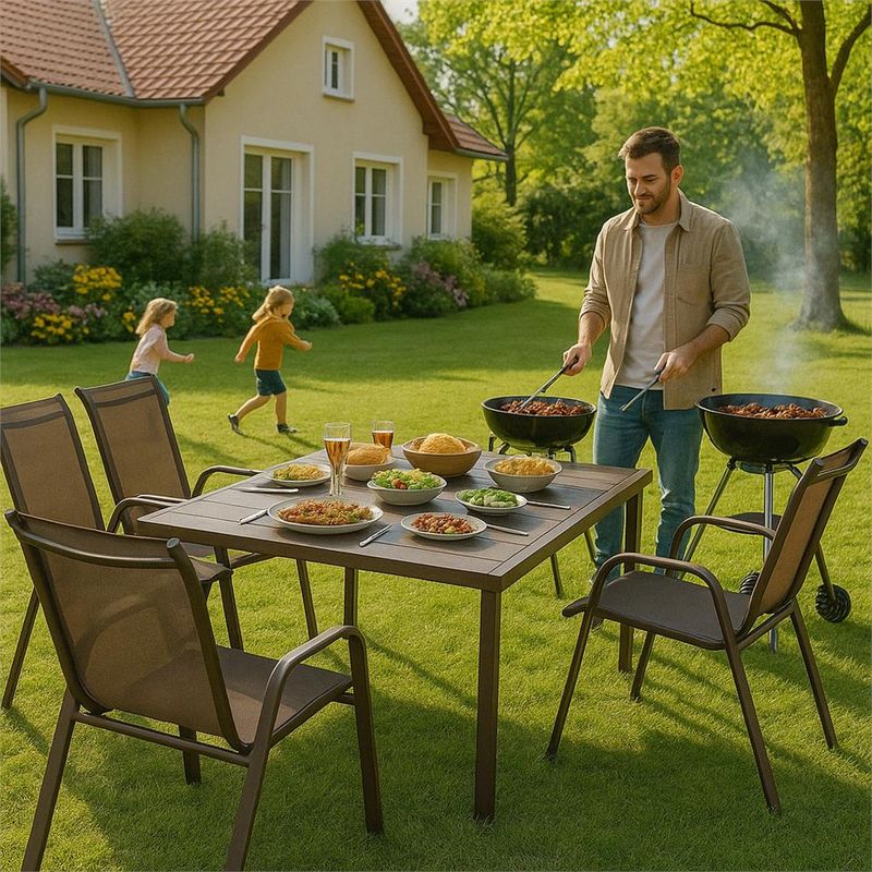 Casa si Gradina - Gradina si terasa - Mobilier exterior - Seturi mobila gradina - Set 4 scaune gradina cu brate, cadru otel si sezut textilene, 53x72x92 cm, maro - Infinity.ro