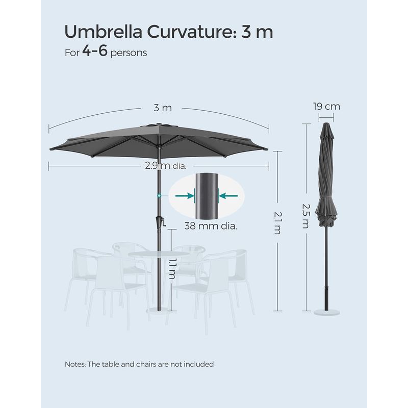 Casa si Gradina - Gradina si terasa - Umbrele si pavilioane - Umbrele - Umbrela gradina cu manivela si sistem inclinare 30, poliester 180g/m2 UPF 50+, stalp metalic, D300 cm, gri - Infinity.ro