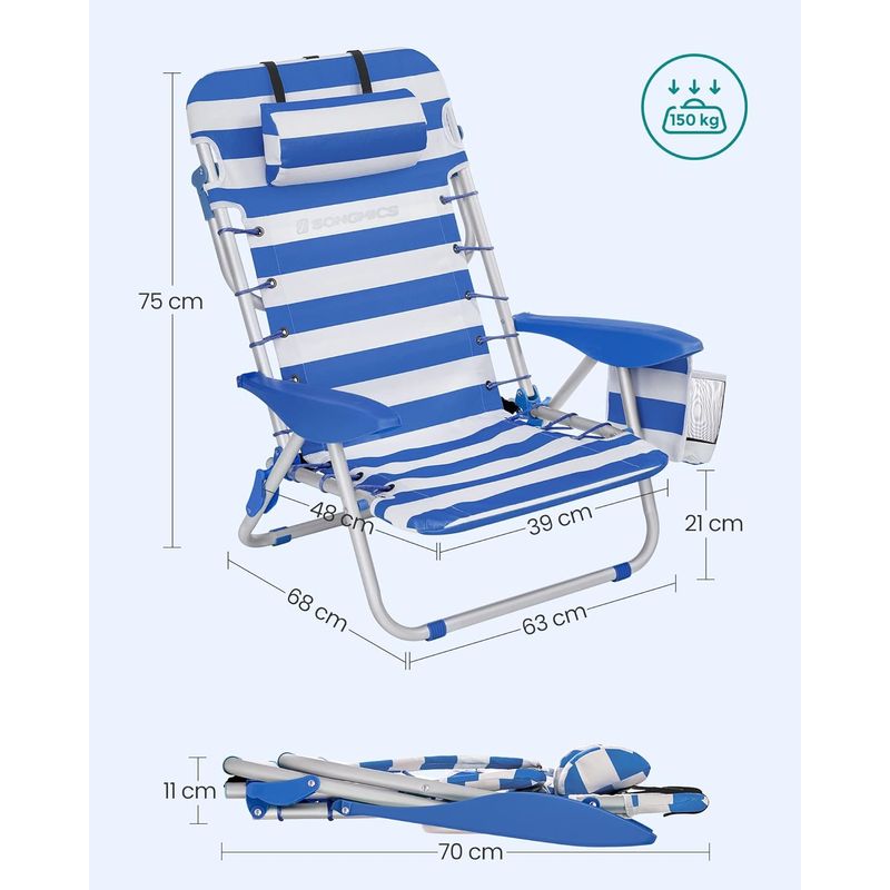 Casa si Gradina - Gradina si terasa - Mobilier exterior - Scaune si sezlonguri gradina - Scaun plaja portabil cu spatar rabatabil 4 pozitii, cadru aluminiu Oxford 600D, max 150 kg, 68x63x75 cm, alb albastru - Infinity.ro