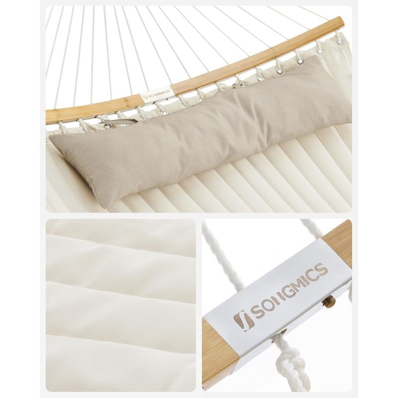 Casa si Gradina - Gradina si terasa - Balansoare si hamace - Balansoare - Hamac dublu cu bare curbate din bambus, perna inclusa, maxim 225 kg, 200x140 cm, crem - Infinity.ro