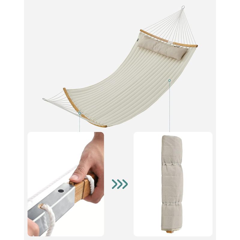 Casa si Gradina - Gradina si terasa - Balansoare si hamace - Balansoare - Hamac dublu cu bare curbate din bambus, perna inclusa, maxim 225 kg, 200x140 cm, crem - Infinity.ro