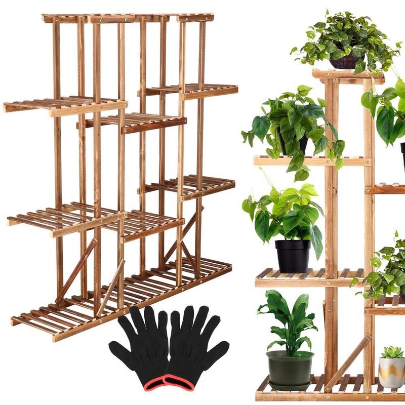 Casa si Gradina - Gradinarit si plante - Plante si ghivece - Ghivece si suporturi - Stand flori din lemn 6 niveluri 15 locuri ghivece, efect antichizat, margini rotunjite, 119x120x25 cm, maro - Infinity.ro