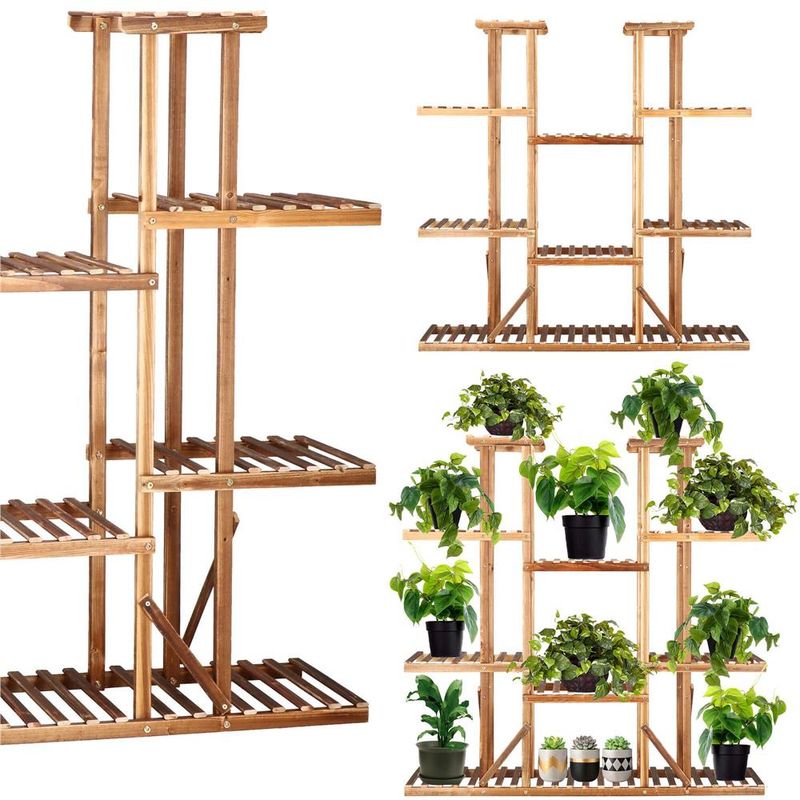 Casa si Gradina - Gradinarit si plante - Plante si ghivece - Ghivece si suporturi - Stand flori din lemn 6 niveluri 15 locuri ghivece, efect antichizat, margini rotunjite, 119x120x25 cm, maro - Infinity.ro