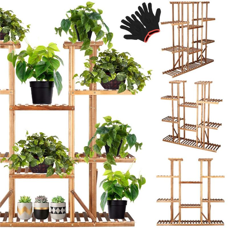Casa si Gradina - Gradinarit si plante - Plante si ghivece - Ghivece si suporturi - Stand flori din lemn 6 niveluri 15 locuri ghivece, efect antichizat, margini rotunjite, 119x120x25 cm, maro - Infinity.ro