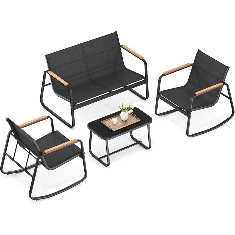 Casa si Gradina - Gradina si terasa - Mobilier exterior - Seturi mobila gradina - Set mobilier gradina 4 locuri, 2 scaune balansoar, canapea si masa, cadru metalic, negru - Infinity.ro