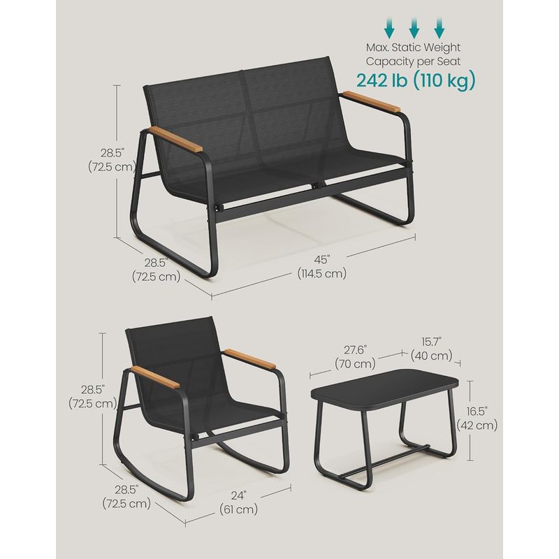 Casa si Gradina - Gradina si terasa - Mobilier exterior - Seturi mobila gradina - Set mobilier gradina 4 locuri, 2 scaune balansoar, canapea si masa, cadru metalic, negru - Infinity.ro