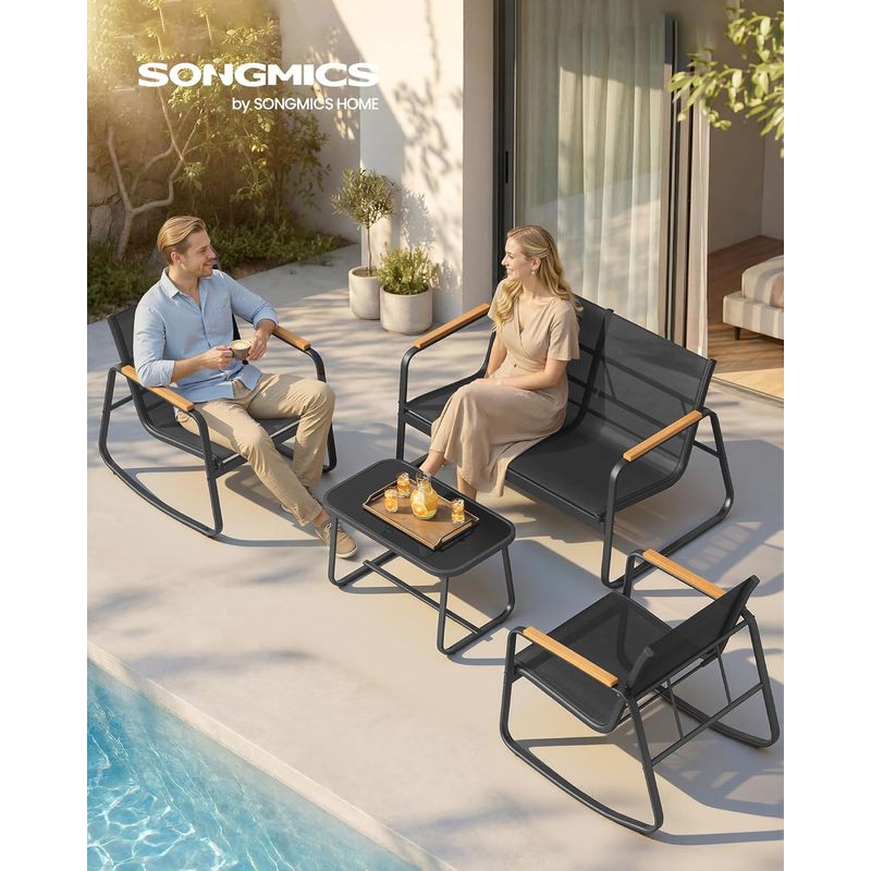 Casa si Gradina - Gradina si terasa - Mobilier exterior - Seturi mobila gradina - Set mobilier gradina 4 locuri, 2 scaune balansoar, canapea si masa, cadru metalic, negru - Infinity.ro