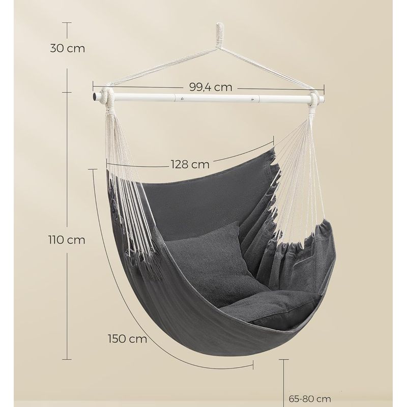 Casa si Gradina - Gradina si terasa - Balansoare si hamace - Balansoare - Fotoliu suspendat tip hamac cu 2 perne, lant si carabiniera incluse, 150x128 cm, gri inchis - Infinity.ro
