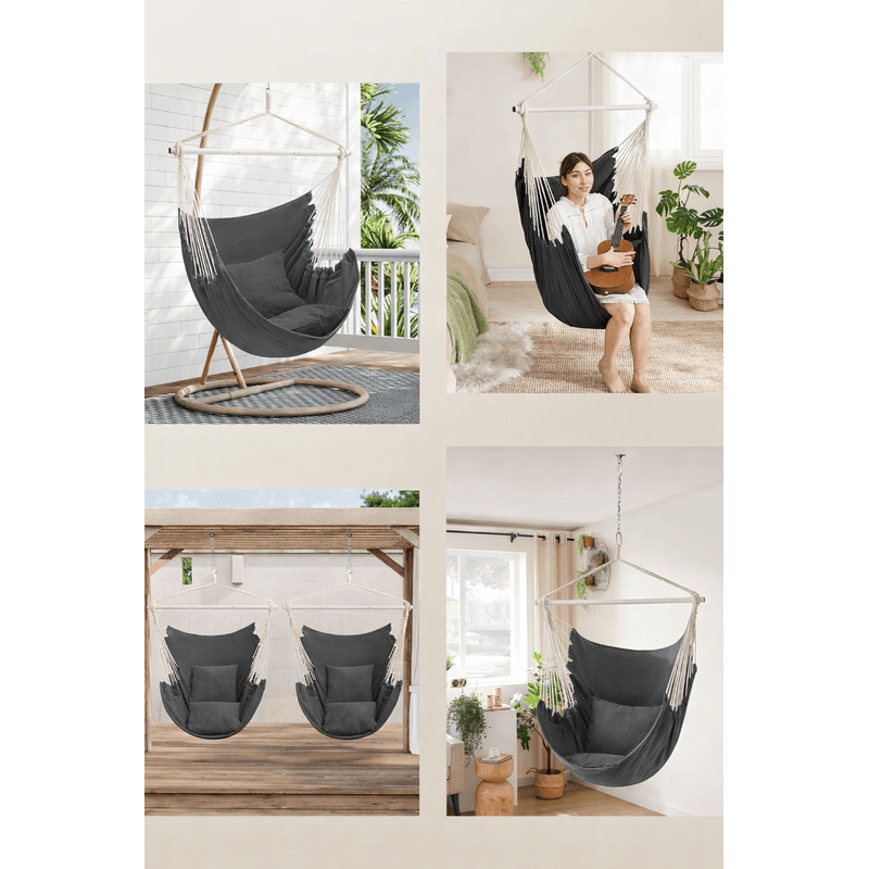 Casa si Gradina - Gradina si terasa - Balansoare si hamace - Balansoare - Fotoliu suspendat tip hamac cu 2 perne, lant si carabiniera incluse, 150x128 cm, gri inchis - Infinity.ro