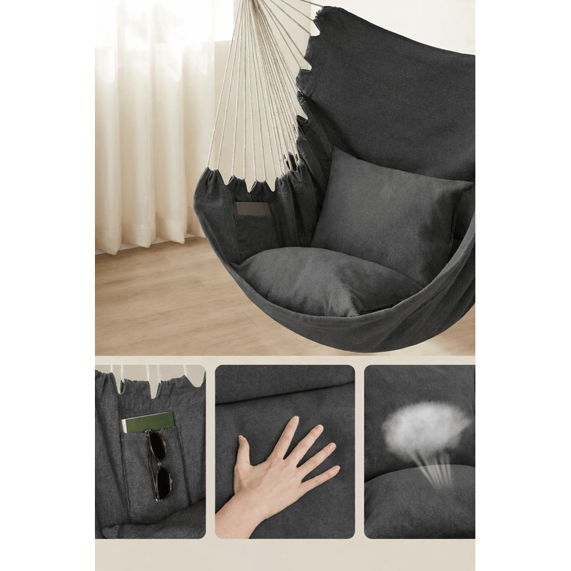 Casa si Gradina - Gradina si terasa - Balansoare si hamace - Balansoare - Fotoliu suspendat tip hamac cu 2 perne, lant si carabiniera incluse, 150x128 cm, gri inchis - Infinity.ro