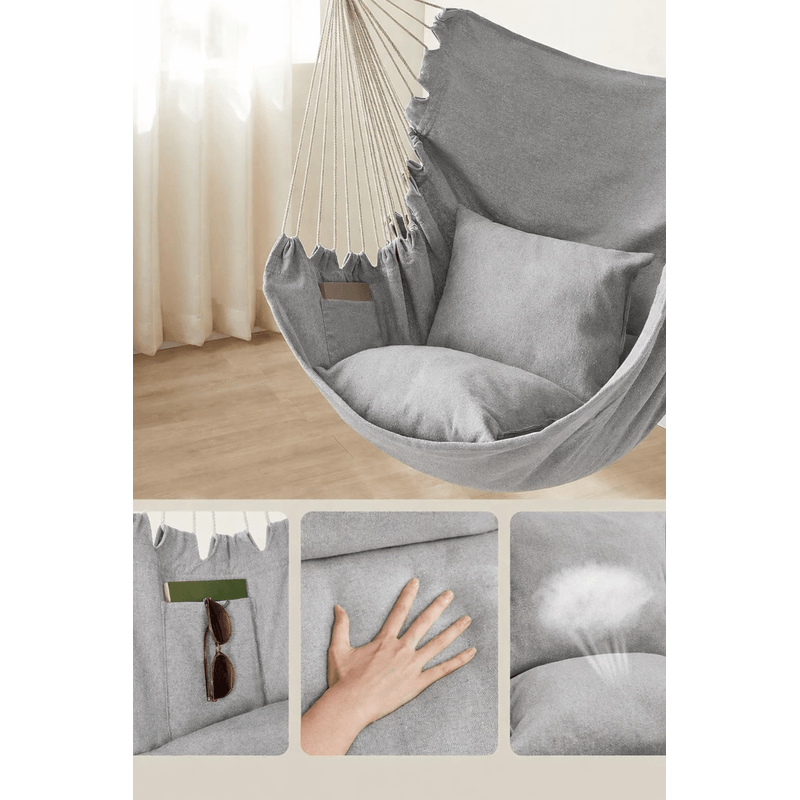 Casa si Gradina - Gradina si terasa - Balansoare si hamace - Balansoare - Fotoliu suspendat tip hamac cu 2 perne, lant si carabiniera incluse, 150x128 cm, gri - Infinity.ro