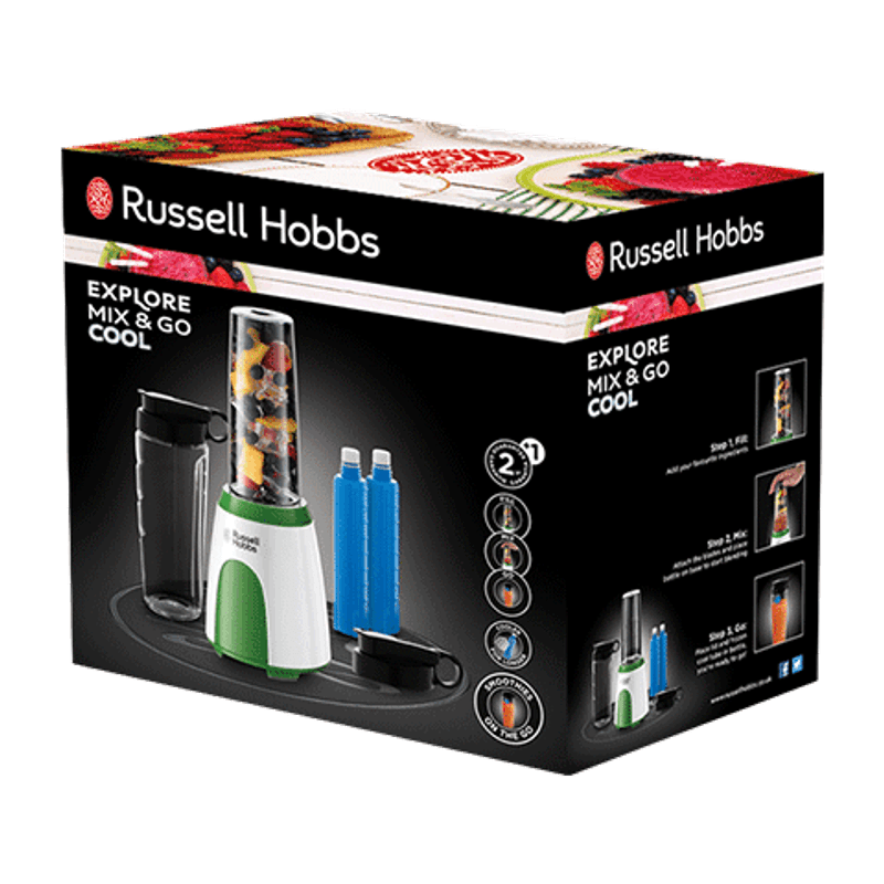 Electronice si Electrocasnice - Electrocasnice bucatarie - Mixere, tocatoare & roboti de bucatarie - Blendere si mini tocatoare - Blender Russell Hobbs Explore Mix & Go Cool, recipient sport 600ml, lame inox, capac etans, portabil, negru - Infinity.ro