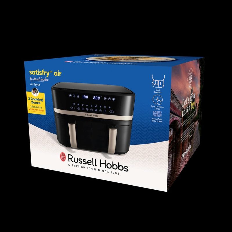 Electronice si Electrocasnice - Electrocasnice bucatarie - Aparate de gatit & desert - Friteuze - Friteuza cu aer cald Russell Hobbs Satisfry Dual Basket, 9L, 2 cosuri independente, afisaj digital, gatit simultan - Infinity.ro