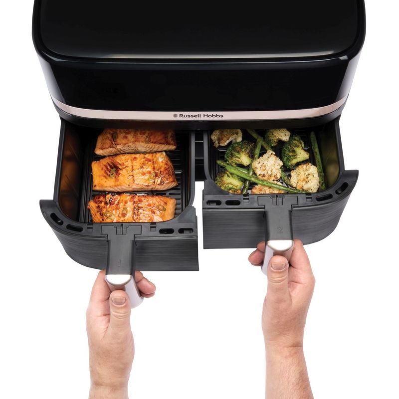 Electronice si Electrocasnice - Electrocasnice bucatarie - Aparate de gatit & desert - Friteuze - Friteuza cu aer cald Russell Hobbs Satisfry Dual Basket, 9L, 2 cosuri independente, afisaj digital, gatit simultan - Infinity.ro
