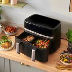 Electronice si Electrocasnice - Electrocasnice bucatarie - Aparate de gatit & desert - Friteuze - Friteuza cu aer cald Russell Hobbs Satisfry Dual Basket, 9L, 2 cosuri independente, afisaj digital, gatit simultan - Infinity.ro