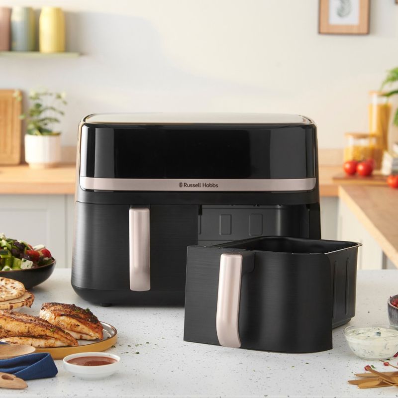 Electronice si Electrocasnice - Electrocasnice bucatarie - Aparate de gatit & desert - Friteuze - Friteuza cu aer cald Russell Hobbs Satisfry Dual Basket, 9L, 2 cosuri independente, afisaj digital, gatit simultan - Infinity.ro