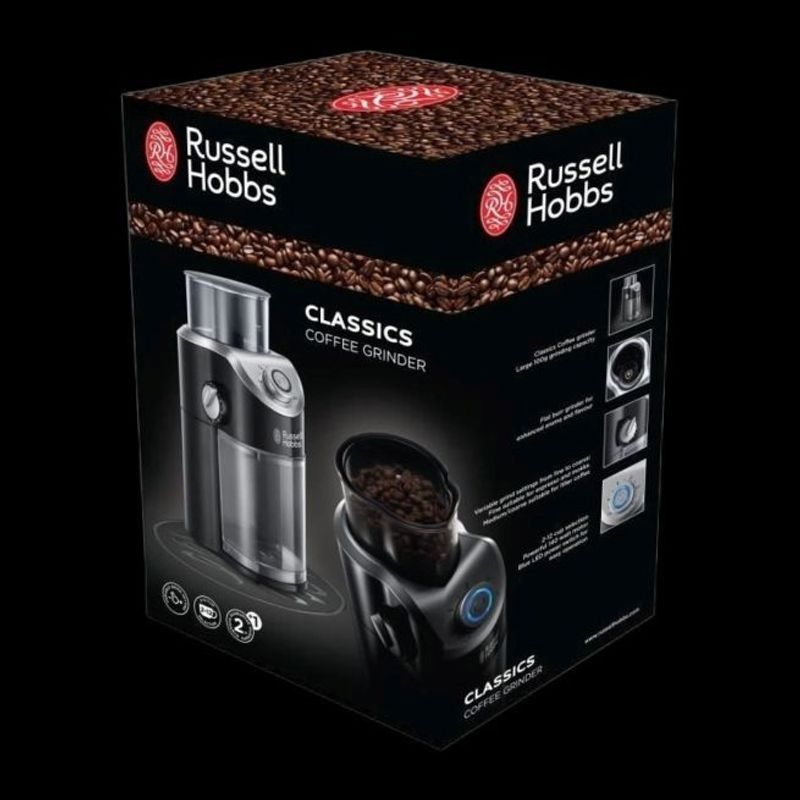 Electronice si Electrocasnice - Electrocasnice bucatarie - Preparare bauturi - Espressoare - Rasnita de cafea Russell Hobbs Classics, lame inox, capacitate 70g, macinare reglabila, functie impuls, argintiu - Infinity.ro