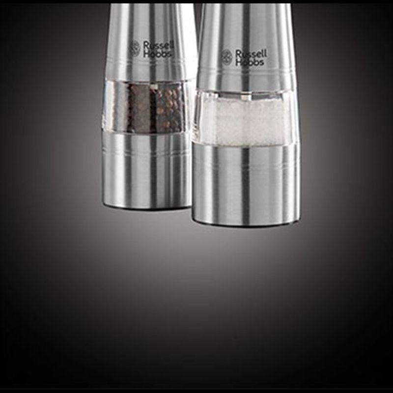 Electronice si Electrocasnice - Electrocasnice bucatarie - Mixere, tocatoare & roboti de bucatarie - Roboti de bucatarie - Set rasnite electrice Russell Hobbs, condimente, mecanism ceramic, iluminare LED, design elegant, argintiu - Infinity.ro