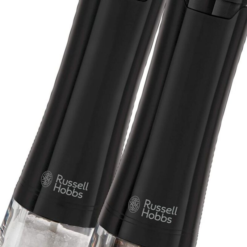 Electronice si Electrocasnice - Electrocasnice bucatarie - Mixere, tocatoare & roboti de bucatarie - Roboti de bucatarie - Set rasnite electrice Russell Hobbs, sare si piper, mecanism ceramica, iluminare LED, baterii incluse, negru - Infinity.ro