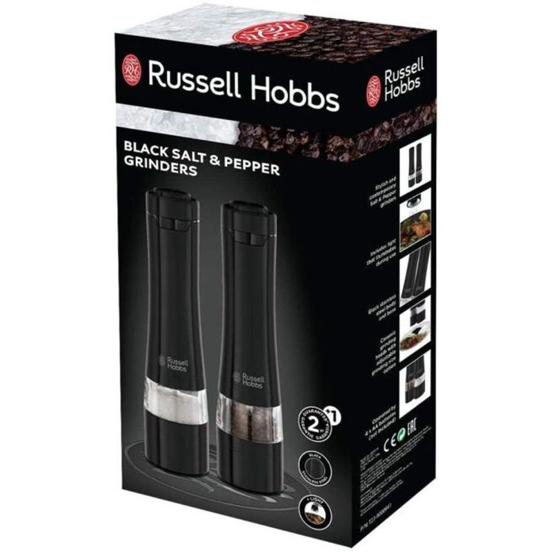 Electronice si Electrocasnice - Electrocasnice bucatarie - Mixere, tocatoare & roboti de bucatarie - Roboti de bucatarie - Set rasnite electrice Russell Hobbs, sare si piper, mecanism ceramica, iluminare LED, baterii incluse, negru - Infinity.ro