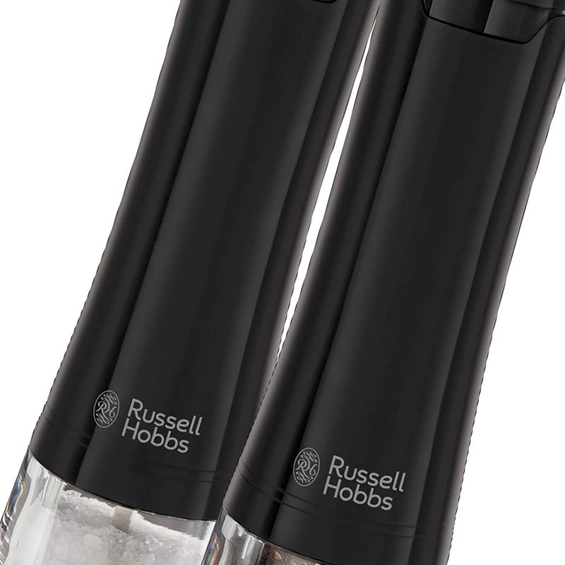 Electronice si Electrocasnice - Electrocasnice bucatarie - Mixere, tocatoare & roboti de bucatarie - Roboti de bucatarie - Set rasnite electrice Russell Hobbs, sare si piper, mecanism ceramica, iluminare LED, baterii incluse, negru - Infinity.ro