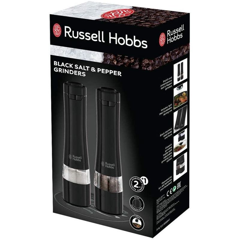 Electronice si Electrocasnice - Electrocasnice bucatarie - Mixere, tocatoare & roboti de bucatarie - Roboti de bucatarie - Set rasnite electrice Russell Hobbs, sare si piper, mecanism ceramica, iluminare LED, baterii incluse, negru - Infinity.ro