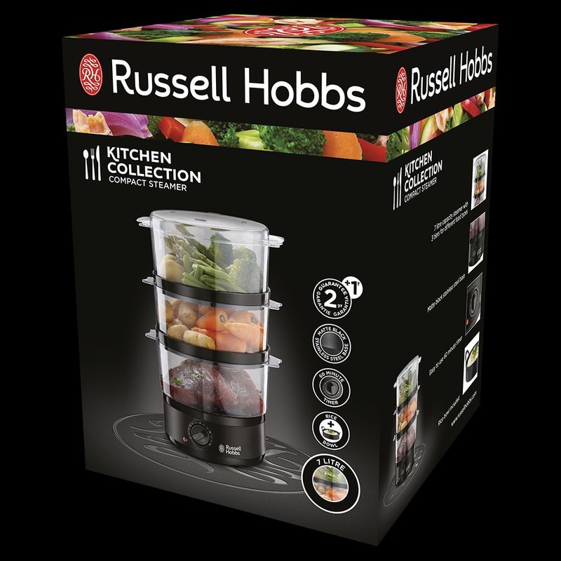 Electronice si Electrocasnice - Electrocasnice bucatarie - Aparate de gatit & desert - Deshidratoare - Aparat de gatit cu aburi Russell Hobbs Kitchen Collection, 7L, 3 niveluri, rezervor 500ml, cronometru 60 min, negru - Infinity.ro