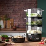 Electronice si Electrocasnice - Electrocasnice bucatarie - Aparate de gatit & desert - Deshidratoare - Aparat de gatit cu aburi Russell Hobbs Kitchen Collection, 7L, 3 niveluri, rezervor 500ml, cronometru 60 min, negru - Infinity.ro