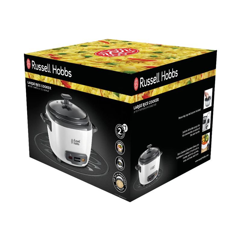 Electronice si Electrocasnice - Electrocasnice bucatarie - Aparate de gatit & desert - Multicooker - Aparat de gatit orez Russell Hobbs, capacitate mare, vas antiaderent, functie mentinere cald, indicator luminos, alb - Infinity.ro