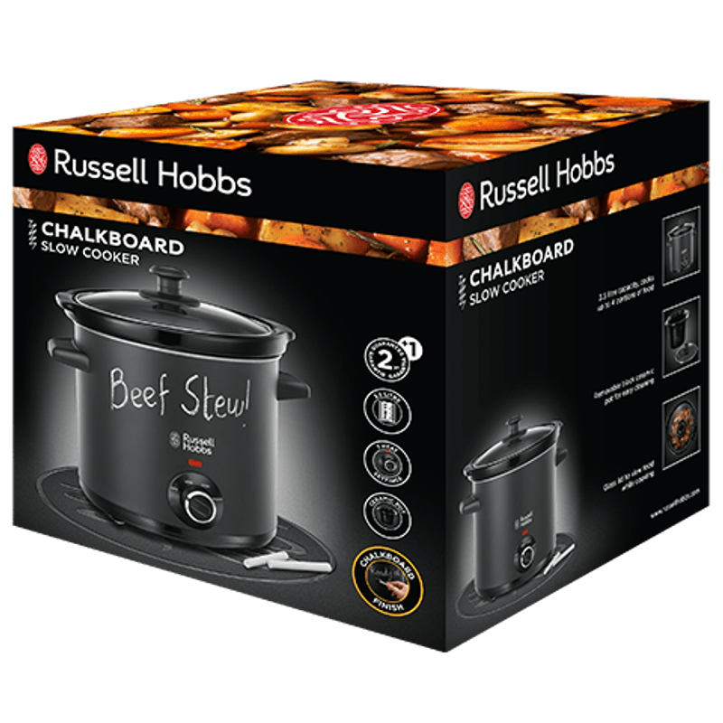 Electronice si Electrocasnice - Electrocasnice bucatarie - Aparate de gatit & desert - Multicooker - Slow cooker Russell Hobbs Chalkboard, 6.5L, 3 setari temperatura, vas ceramic, suprafata tabla scriere, negru - Infinity.ro