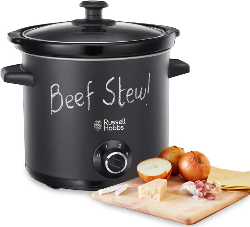 Slow cooker Russell Hobbs Chalkboard, 6.5L, 3 setari temperatura, vas ceramic, suprafata tabla scriere, negru