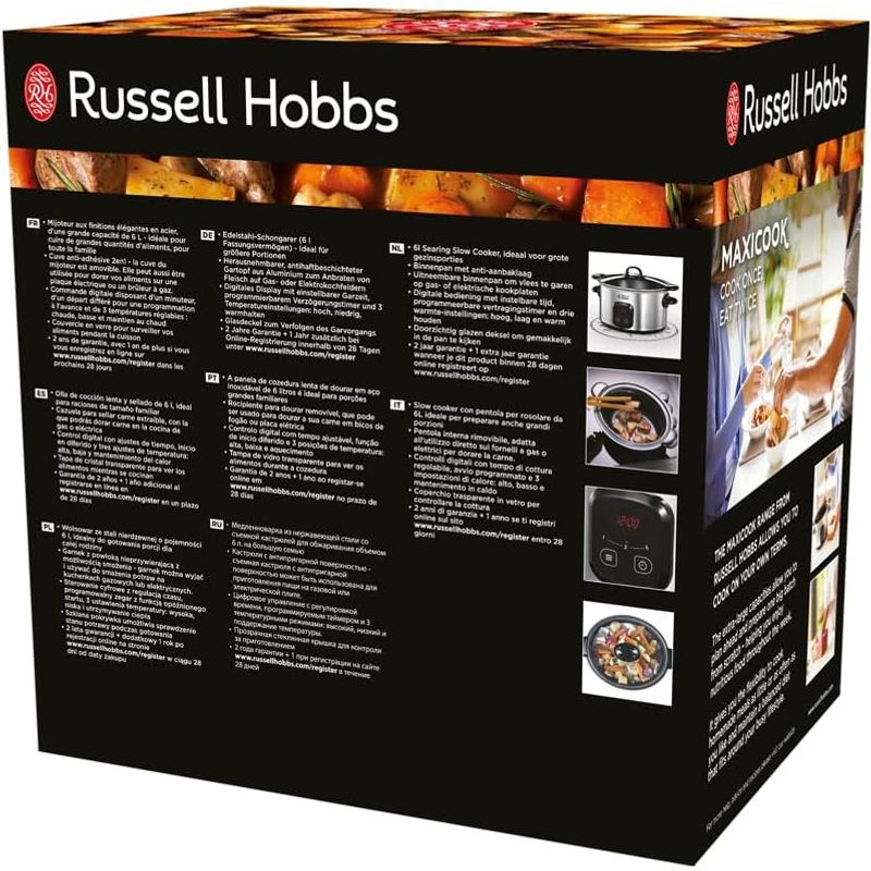 Electronice si Electrocasnice - Electrocasnice bucatarie - Aparate de gatit & desert - Multicooker - Slow cooker Russell Hobbs MaxiCook, 6L, 3 setari temperatura, vas ceramic detasabil, mentinere cald, negru - Infinity.ro