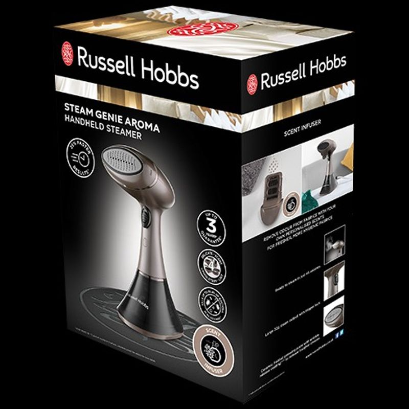 Electronice si Electrocasnice - Ingrijirea tesaturilor - Statii de calcat - Aparat de calcat vertical cu abur Russell Hobbs Steam Genie Aroma, 1800W, abur 32g/min, infuzor parfum, incalzire 45s - Infinity.ro