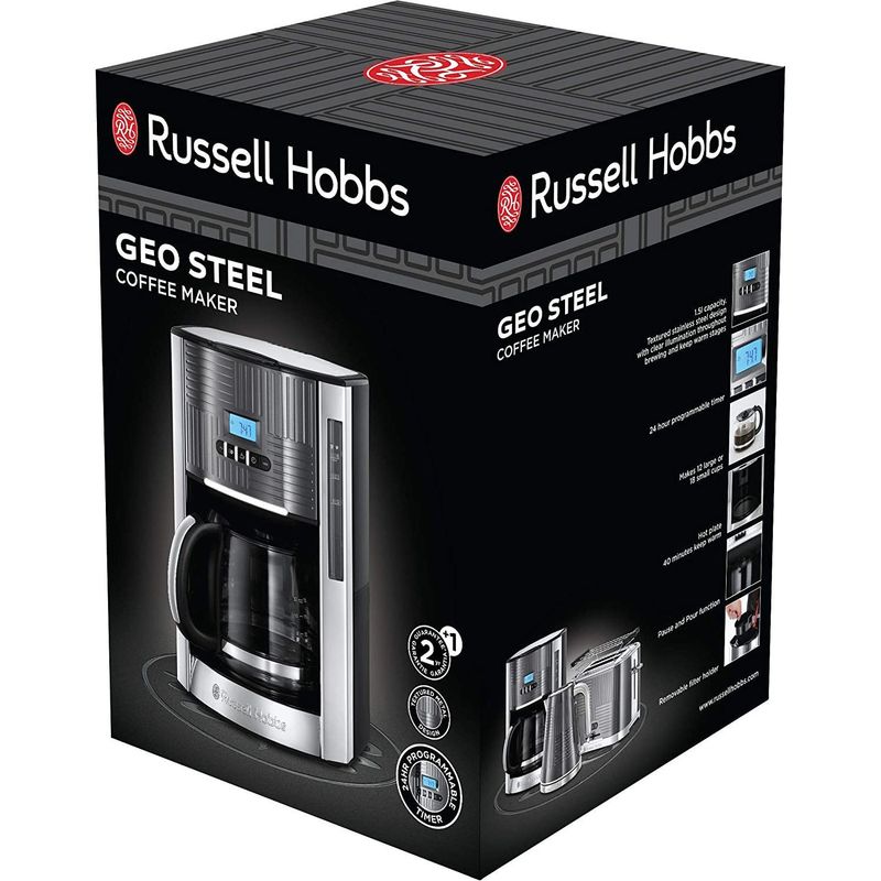 Electronice si Electrocasnice - Electrocasnice bucatarie - Preparare bauturi - Espressoare - Cafetiera Russell Hobbs Geo Steel, 1.25L, filtru permanent, corp inox, plita mentinere cald, argintiu - Infinity.ro