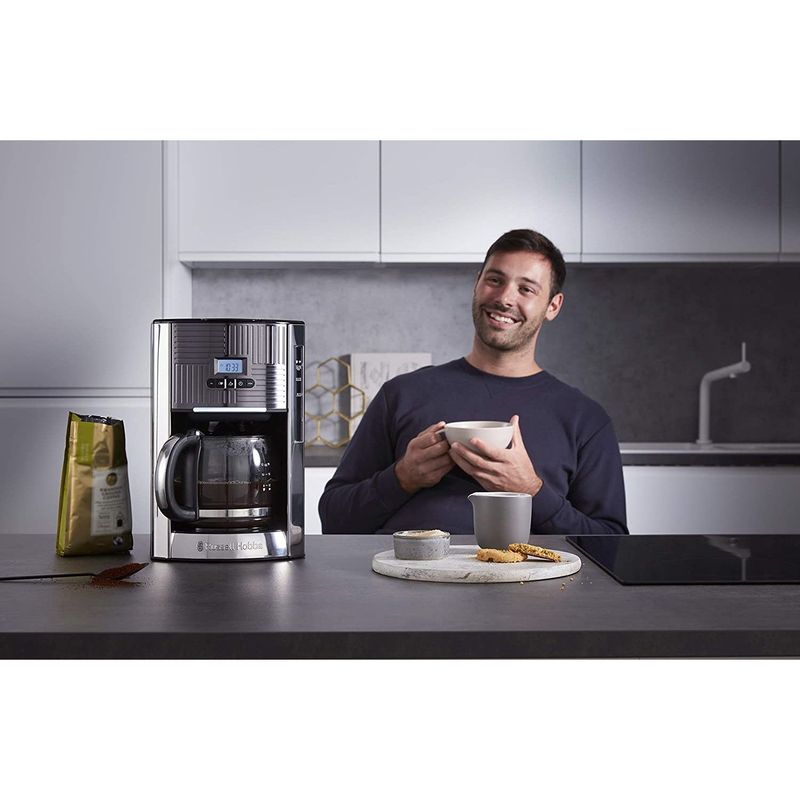 Electronice si Electrocasnice - Electrocasnice bucatarie - Preparare bauturi - Espressoare - Cafetiera Russell Hobbs Geo Steel, 1.25L, filtru permanent, corp inox, plita mentinere cald, argintiu - Infinity.ro
