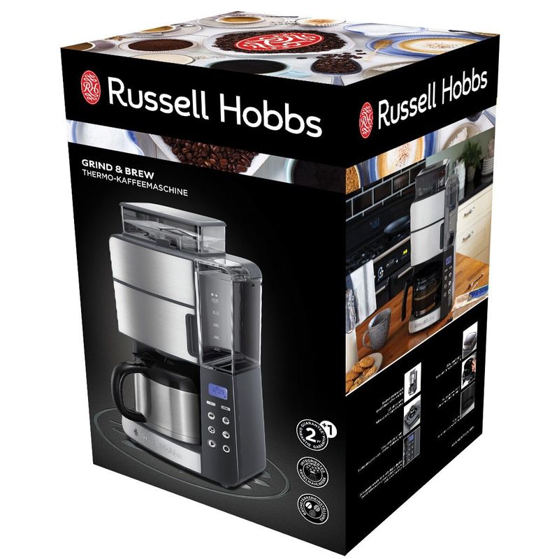 Electronice si Electrocasnice - Electrocasnice bucatarie - Preparare bauturi - Cafetiere - Cafetiera Russell Hobbs Grind & Brew Thermal, rasnita integrata, pahar termos, filtru permanent, macinare boabe - Infinity.ro