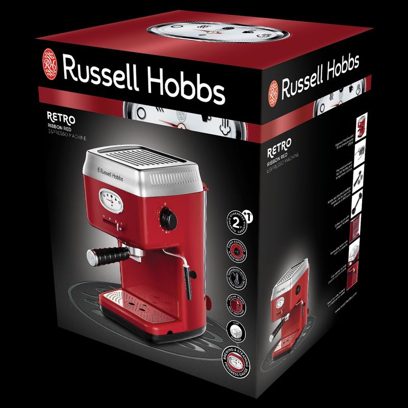 Electronice si Electrocasnice - Electrocasnice bucatarie - Preparare bauturi - Espressoare - Espressor Russell Hobbs Retro Ribbon, 15 bar, rezervor 1.2L, spumare lapte, incalzire rapida, rosu - Infinity.ro
