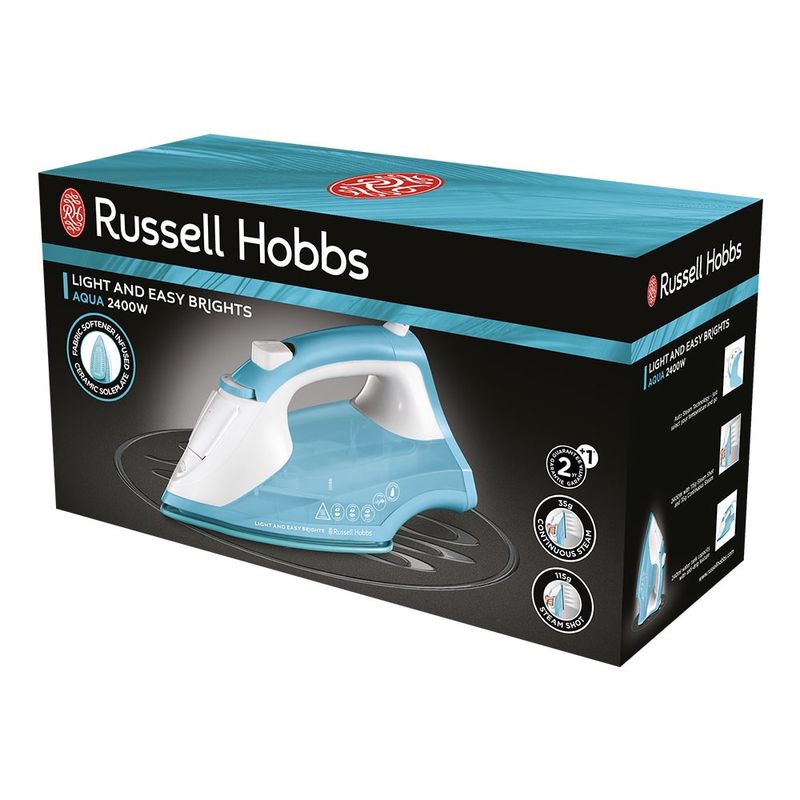 Electronice si Electrocasnice - Ingrijirea tesaturilor - Statii de calcat - Fier de calcat Russell Hobbs Light & Easy Brights, talpa ceramica cu balsam, abur 115g, abur continuu 35g, albastru - Infinity.ro