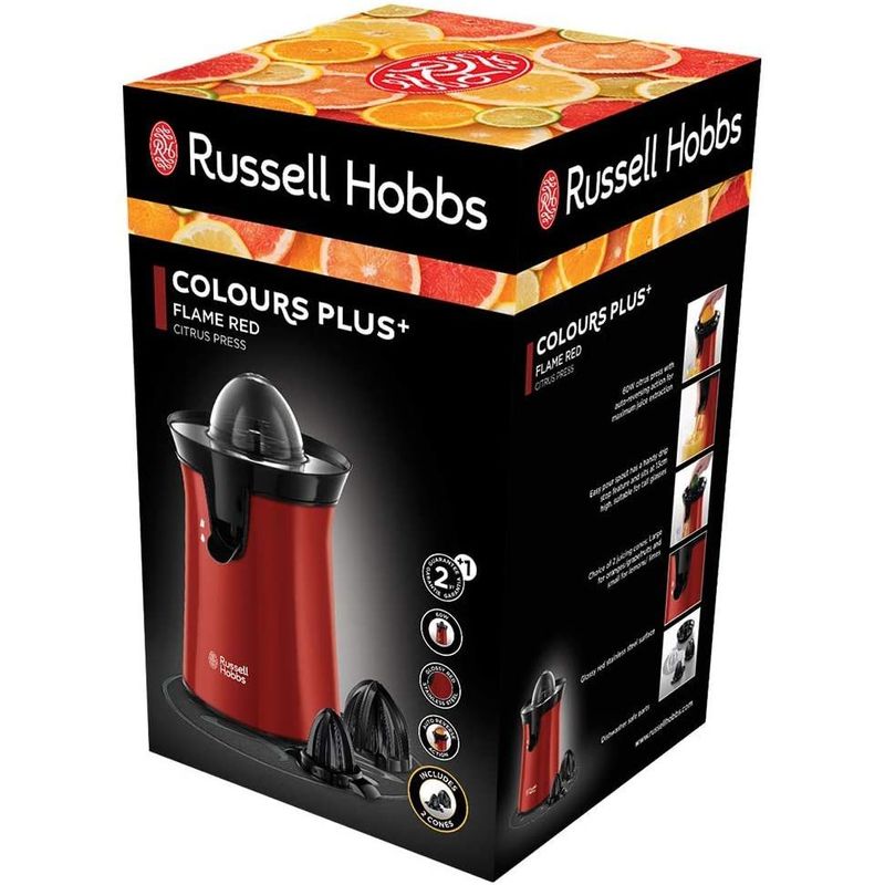 Electronice si Electrocasnice - Electrocasnice bucatarie - Preparare bauturi - Storcatoare de fructe - Storcator de citrice Russell Hobbs Colour Plus+, 2 conuri de stoarcere, recipient detasabil, filtru pulpa, rosu - Infinity.ro